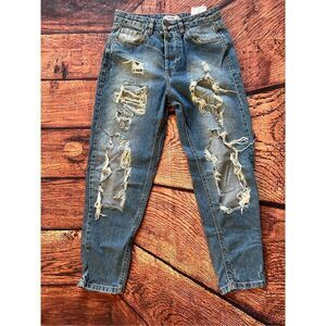 Pull Bear Women Blue Distressed Ripped Boyfriend Jeans Size 26